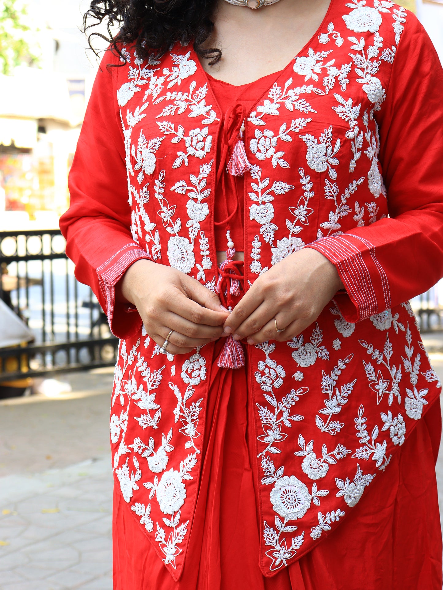 Ethereal Crimson Dhoti-Style Indo-western Set
