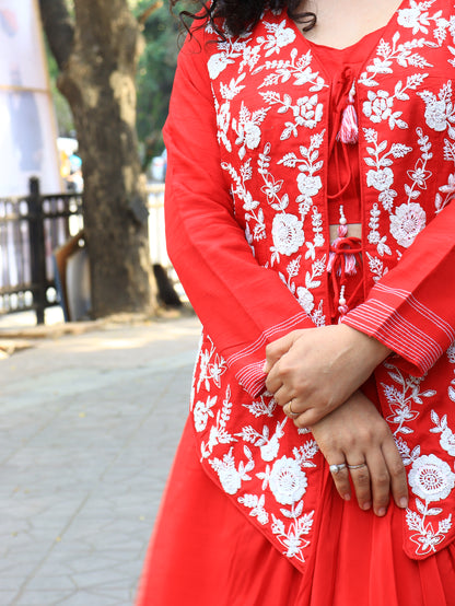 Ethereal Crimson Dhoti-Style Indo-western Set