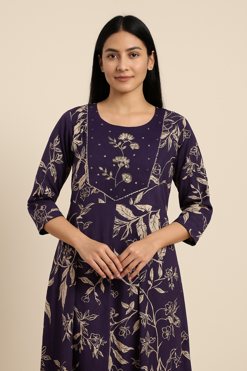 Royal Violet Floral Hand-Embroidered Kurta Set With Dupatta