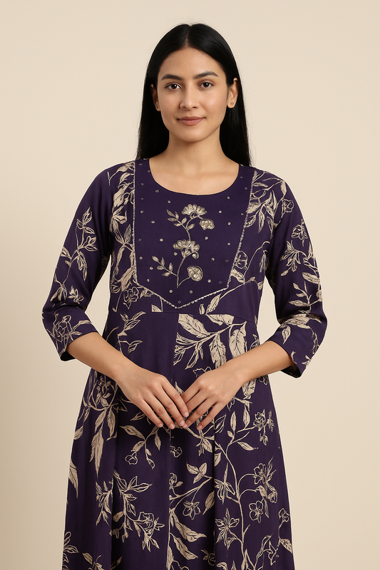 Royal Violet Floral Hand-Embroidered Kurta Set With Dupatta