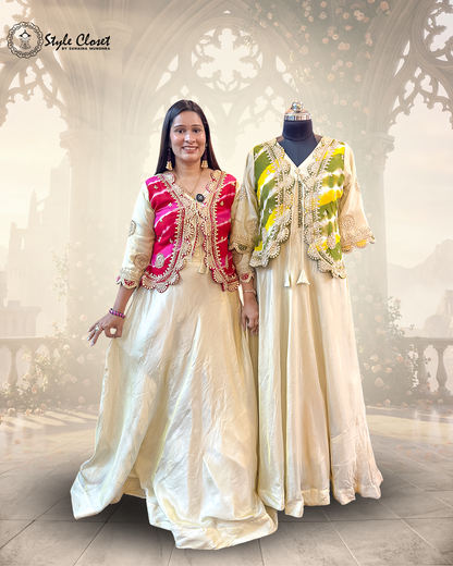 Ivory Anarkali Gown With Red Gota-Work Jacket Set