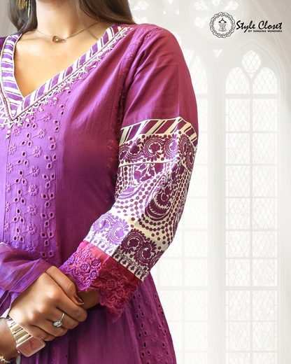 Amara Purple Chikankari Cotton Anarkali Set