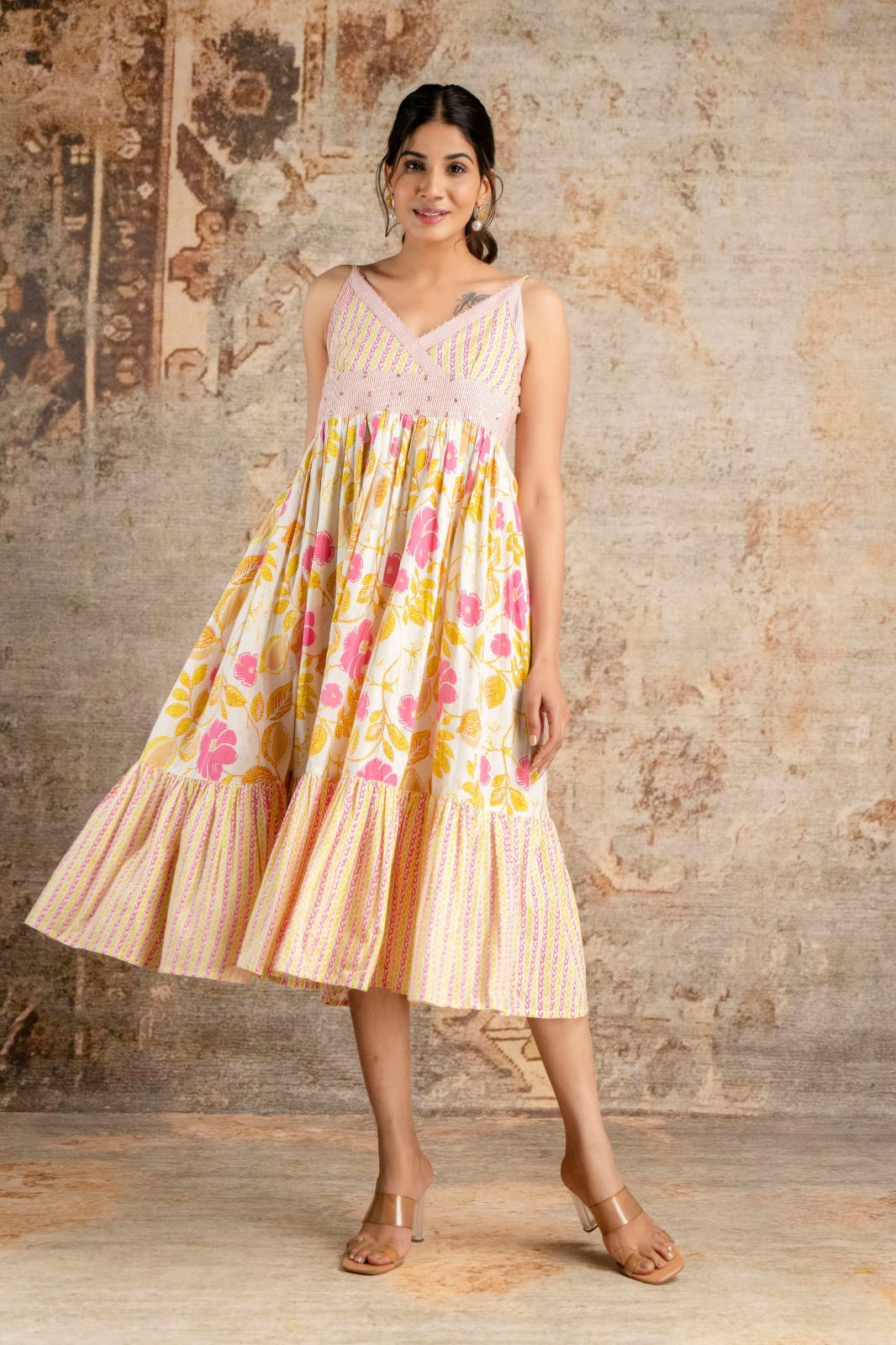 Printed Cotton Noodle Strap Dress