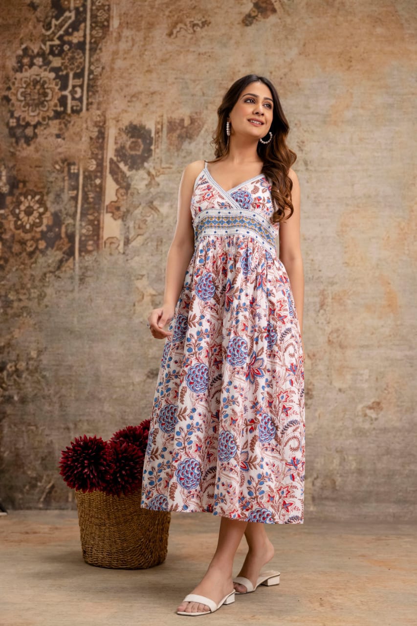 Floral Handblock Cotton Midi Dress