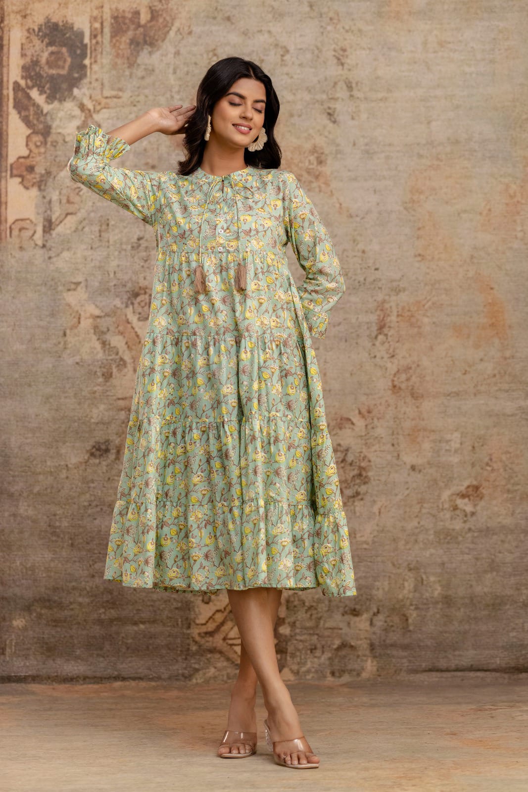 Light Green Floral Tiered Dress