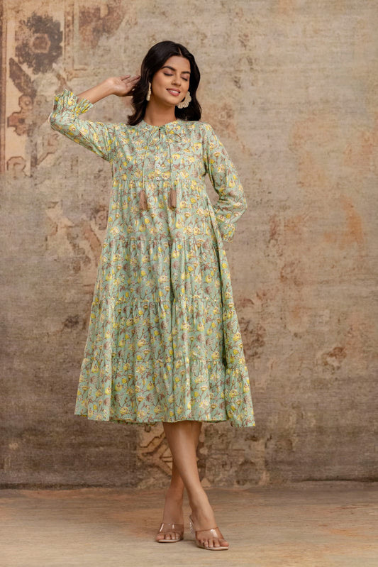 Light Green Floral Tiered Dress