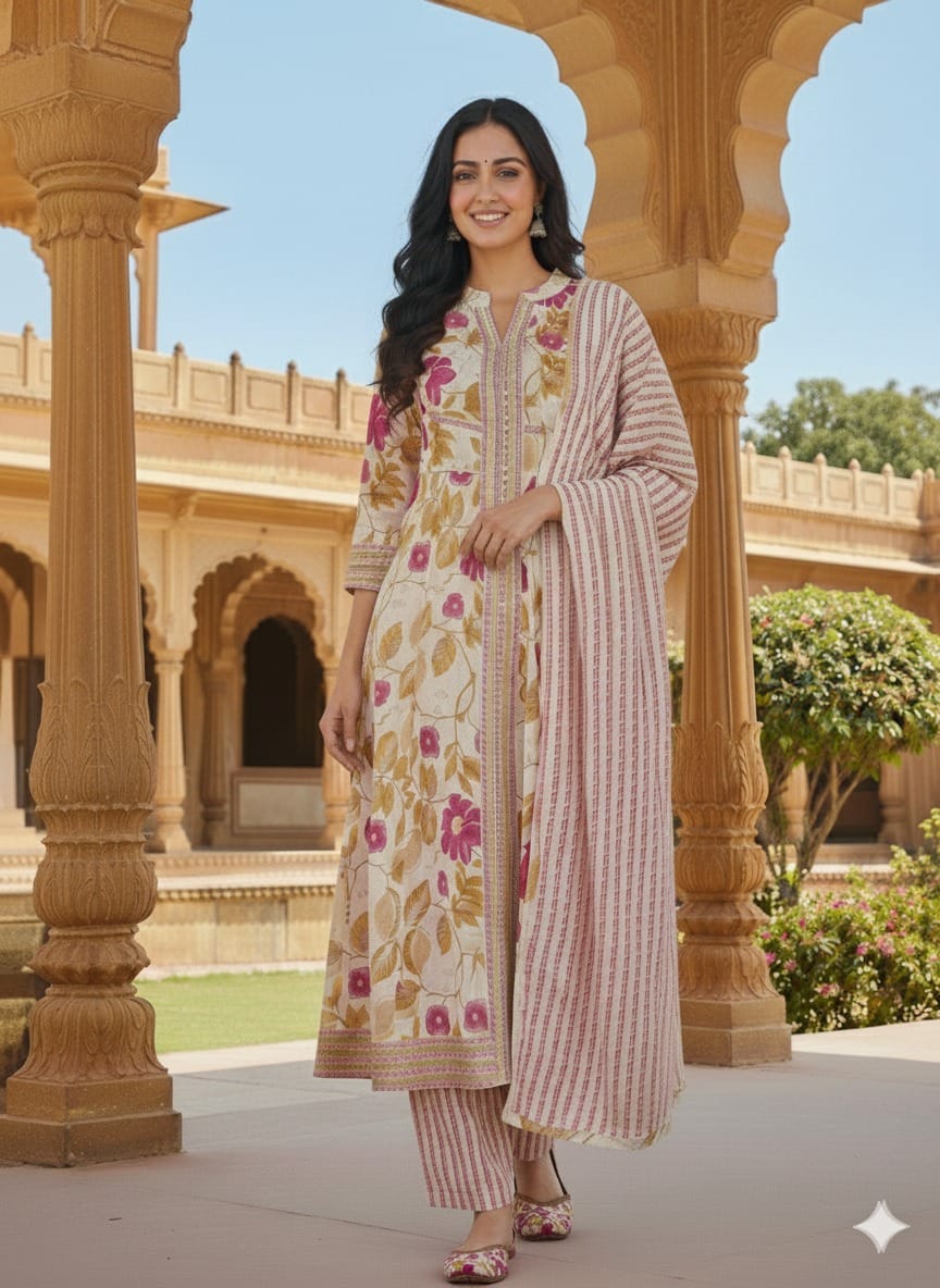 Printed Off-White Cotton Anarkali Set