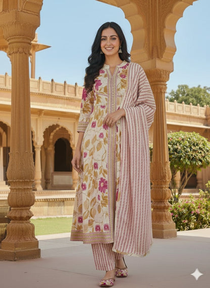 Printed Off-White Cotton Anarkali Set