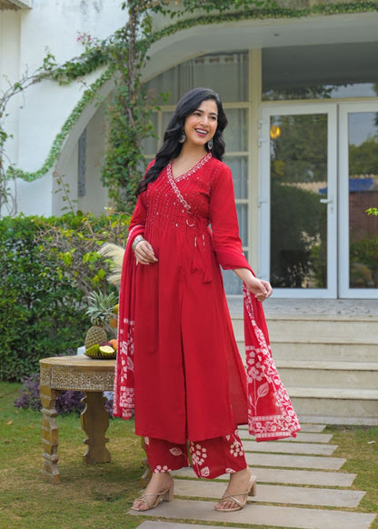Angrakha Cotton Kurta Set with Printed Palazzo and Dupatta