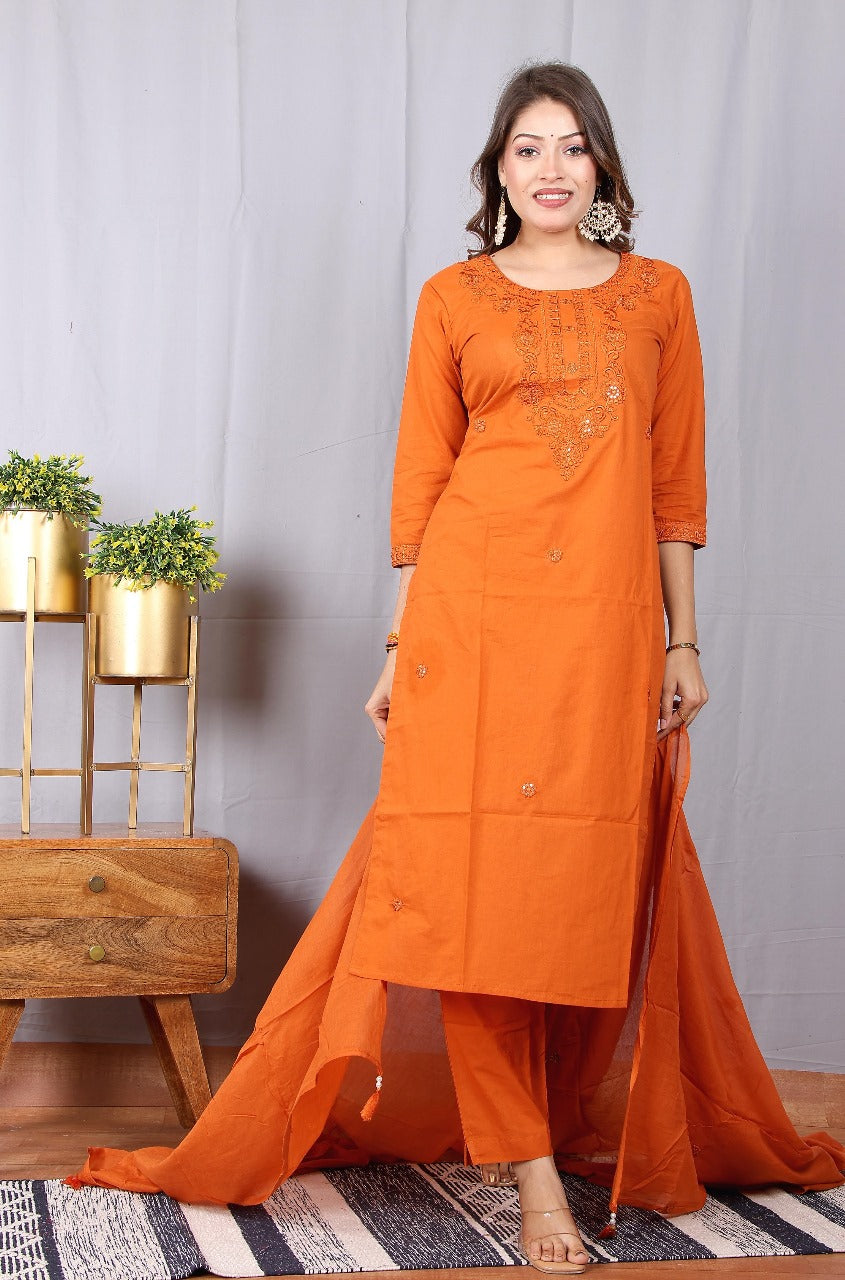 Saffron Orange Handloom Ethnic Suit Set