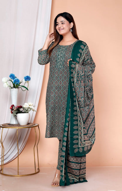 Emerald Floral Block Print 3-Piece Cotton Suit Set