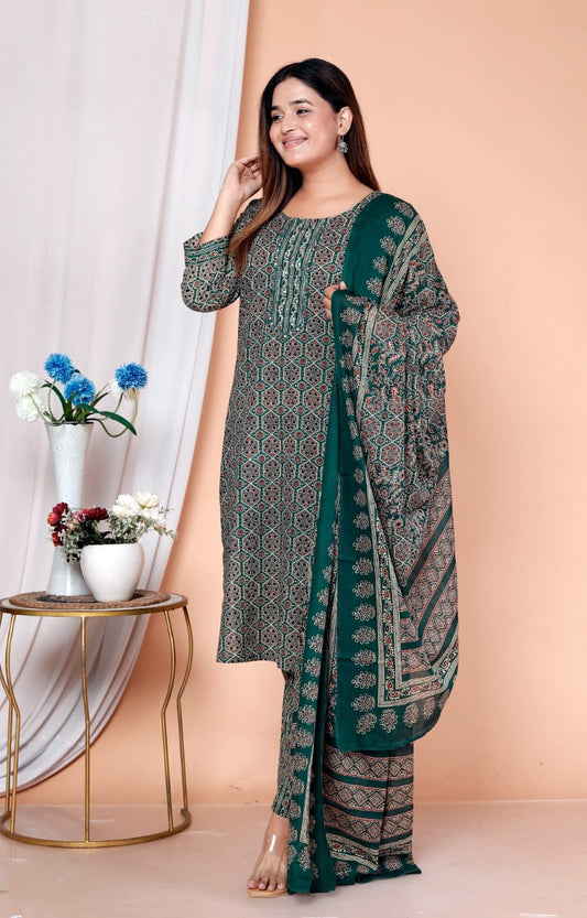 Emerald Floral Block Print 3-Piece Cotton Suit Set