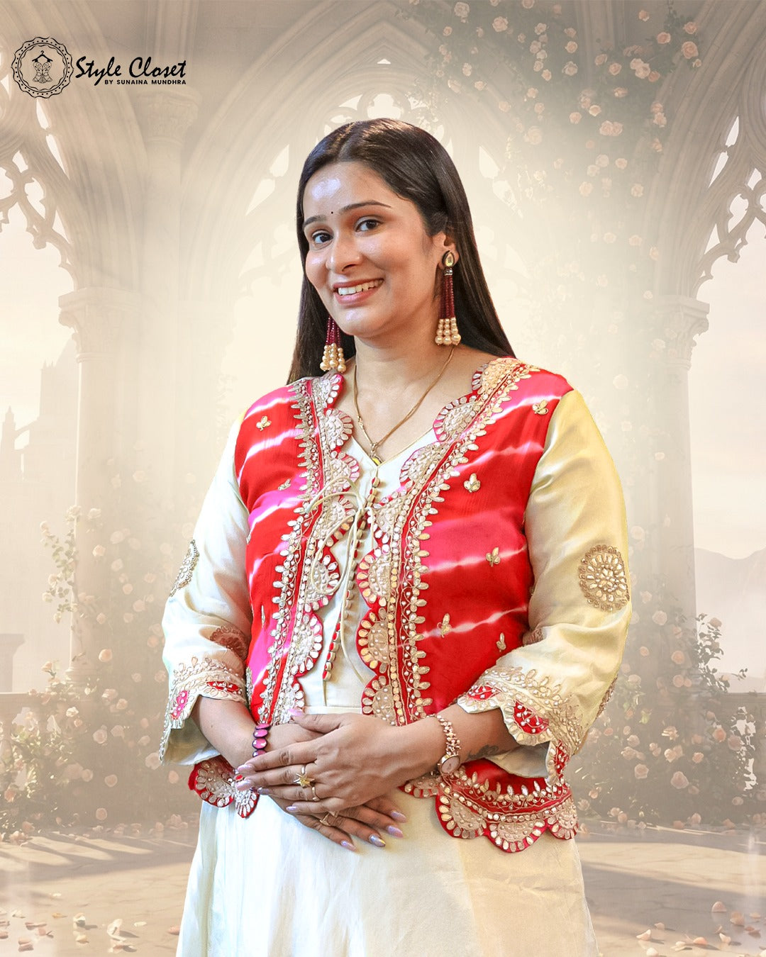 Ivory Anarkali Gown With Red Gota-Work Jacket Set