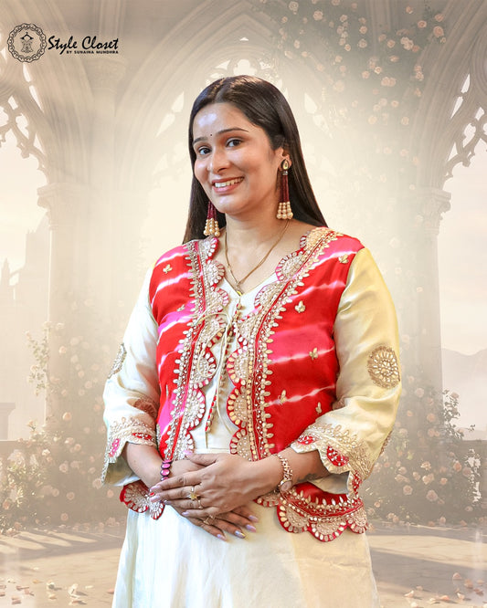Ivory Anarkali Gown With Red Gota-Work Jacket Set