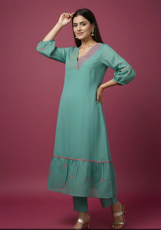 Aqua Blue Grace Embroidered Kurta Set