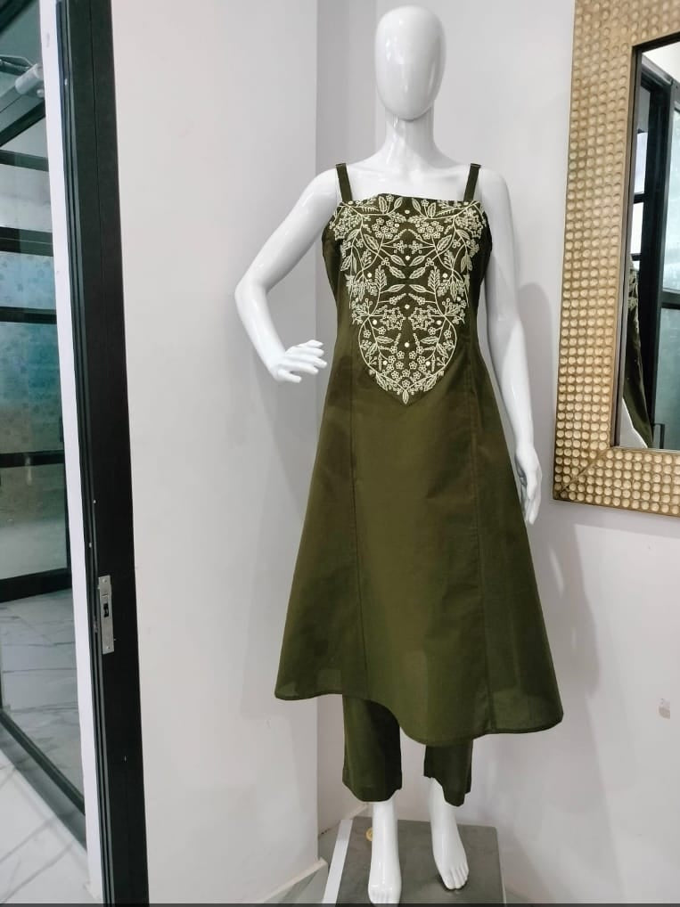 Olive Embroidered A-Line Co-ord Set with Square Neckline