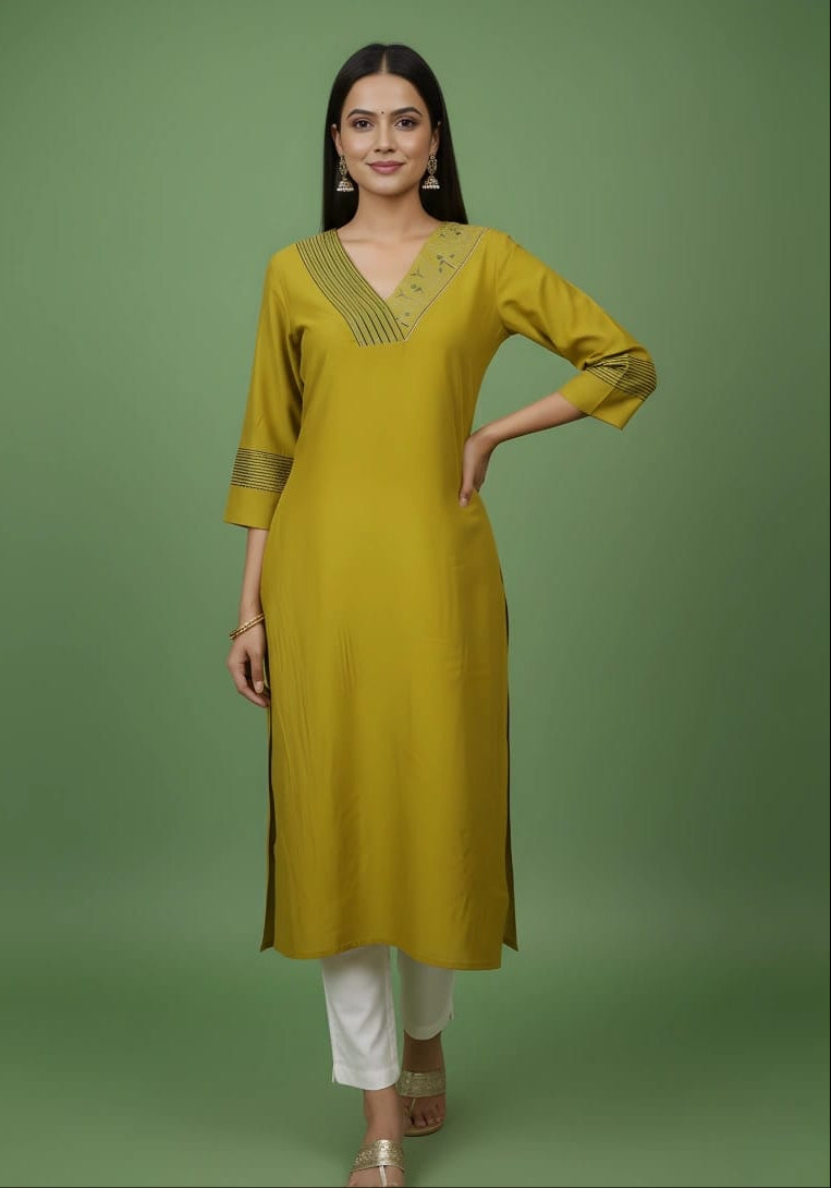 Olive Mustard Asymmetrical Neck A-Line Kurti Set