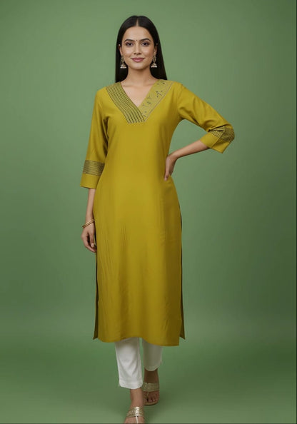 Olive Mustard Asymmetrical Neck A-Line Kurti Set