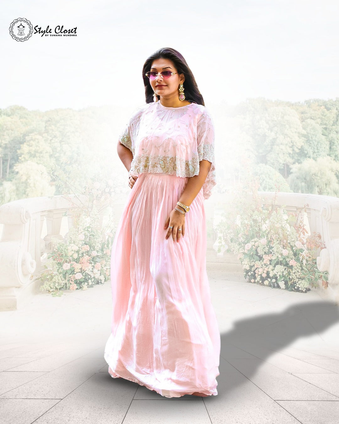 Flora Blush Georgette Gown with Embroidered Organza Cape