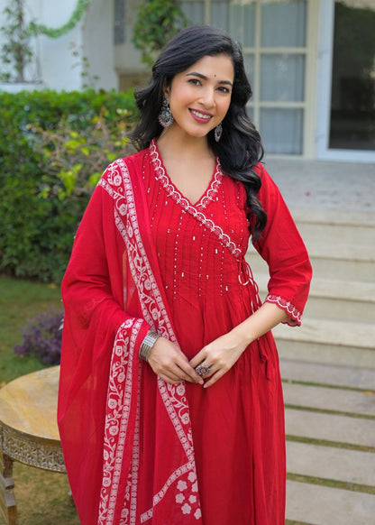 Angrakha Cotton Kurta Set with Printed Palazzo and Dupatta