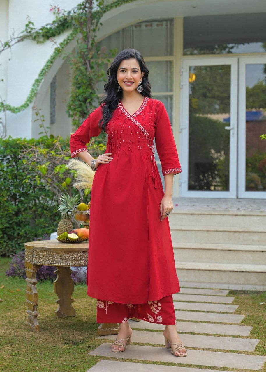 Angrakha Cotton Kurta Set with Printed Palazzo and Dupatta