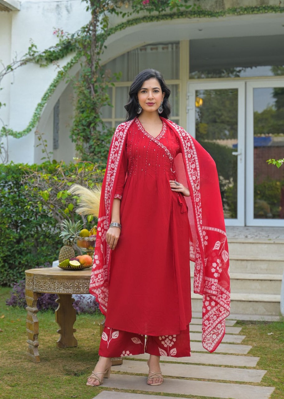 Angrakha Cotton Kurta Set with Printed Palazzo and Dupatta