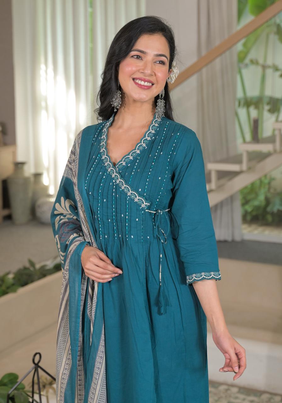 Angrakha Cotton Kurta Set with Printed Palazzo and Dupatta