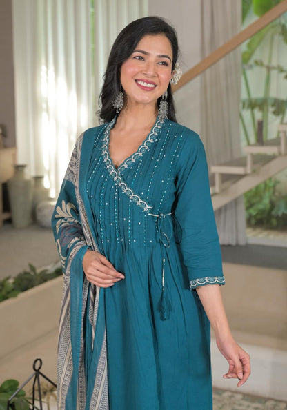 Angrakha Cotton Kurta Set with Printed Palazzo and Dupatta