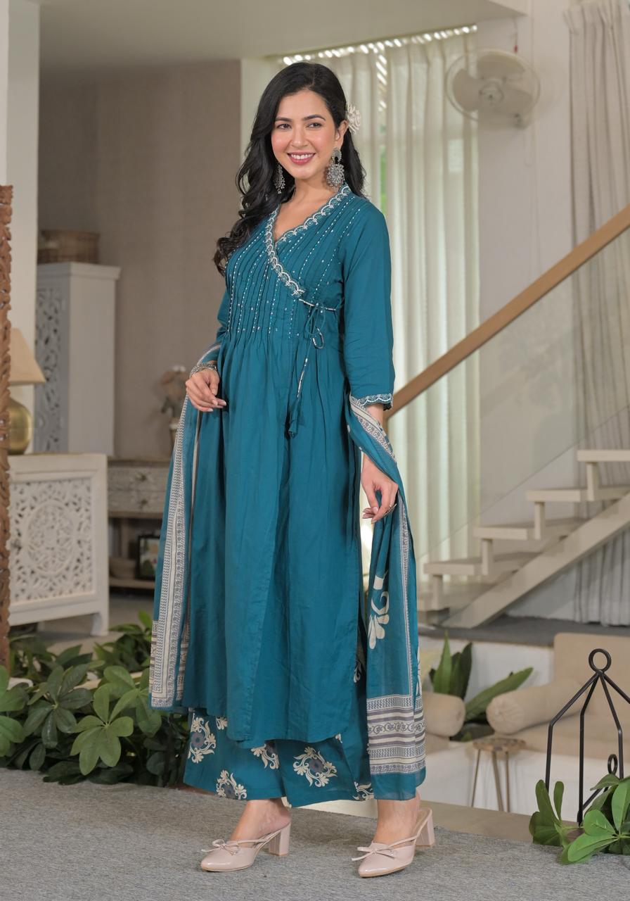 Angrakha Cotton Kurta Set with Printed Palazzo and Dupatta