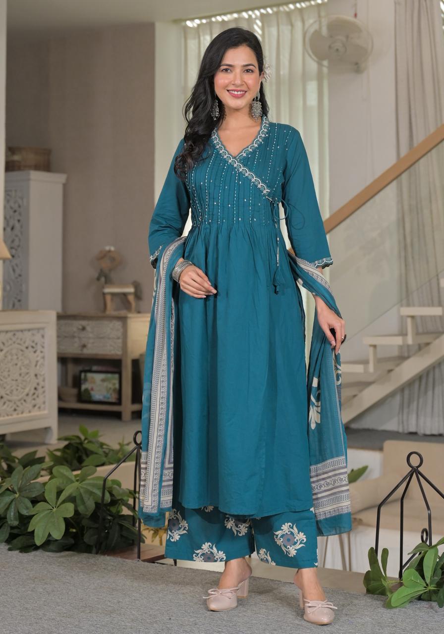 Angrakha Cotton Kurta Set with Printed Palazzo and Dupatta