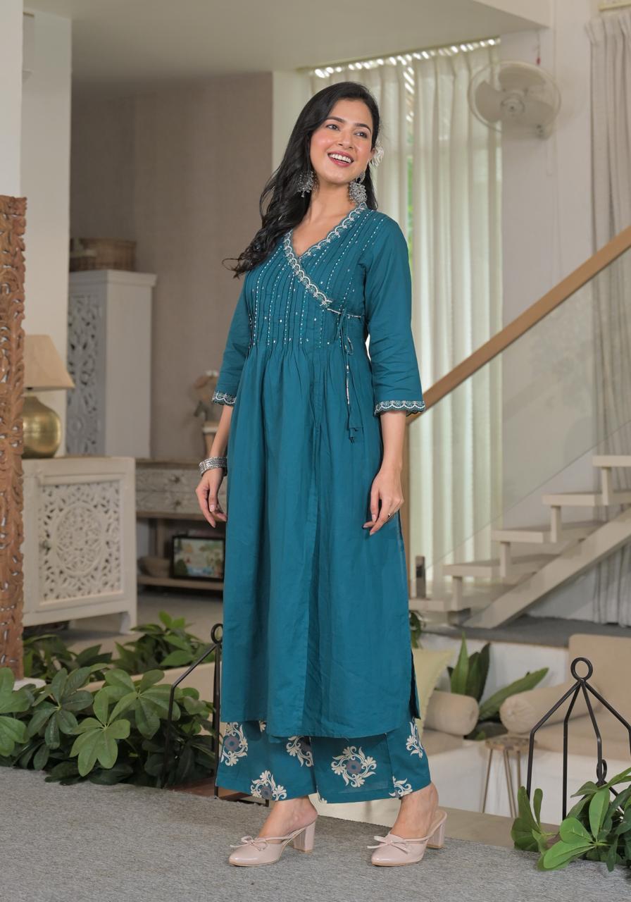 Angrakha Cotton Kurta Set with Printed Palazzo and Dupatta