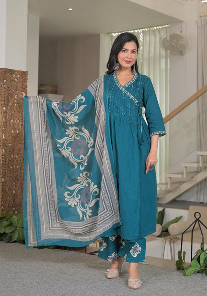 Angrakha Cotton Kurta Set with Printed Palazzo and Dupatta