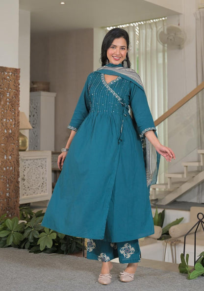 Angrakha Cotton Kurta Set with Printed Palazzo and Dupatta