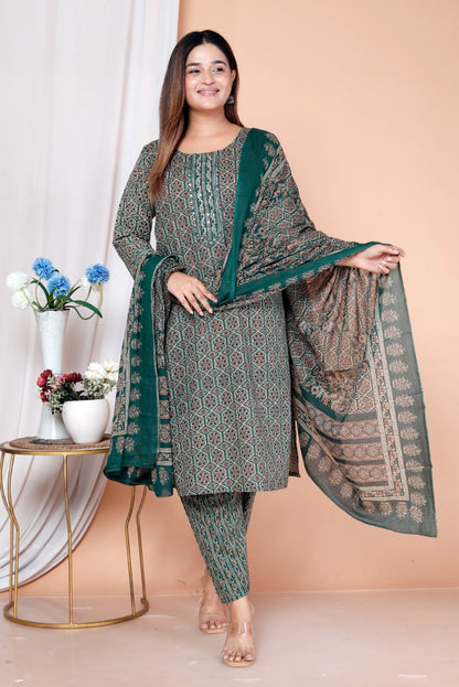 Emerald Floral Block Print 3-Piece Cotton Suit Set