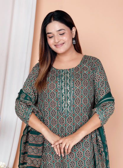 Emerald Floral Block Print 3-Piece Cotton Suit Set