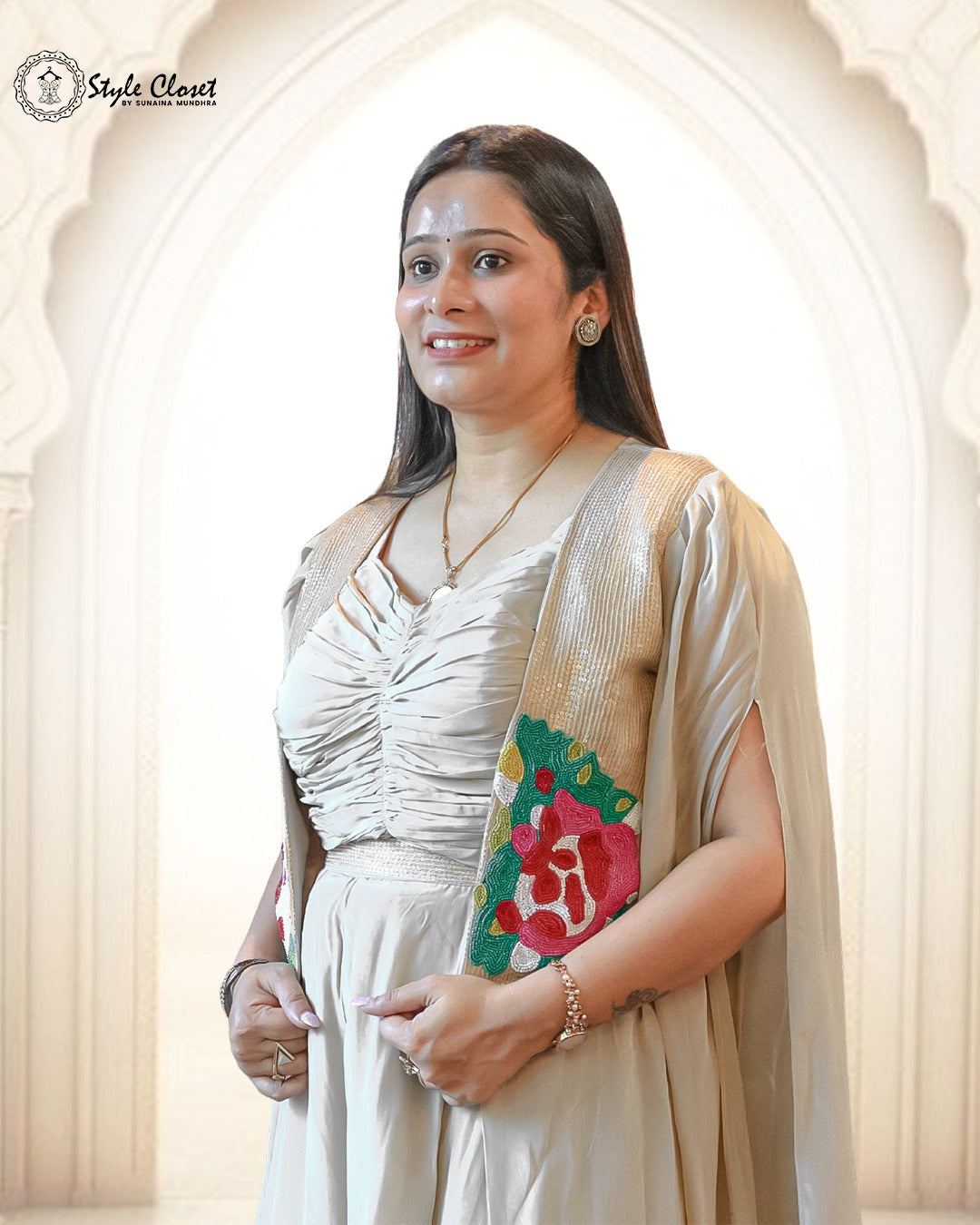 Elegant Beige Cape-Style Indo Western