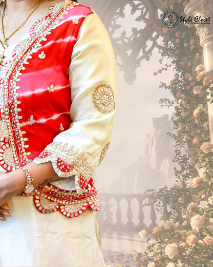 Ivory Anarkali Gown With Red Gota-Work Jacket Set