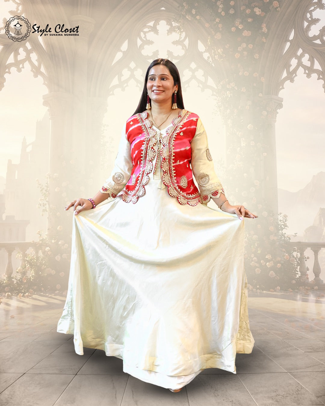 Ivory Anarkali Gown With Red Gota-Work Jacket Set