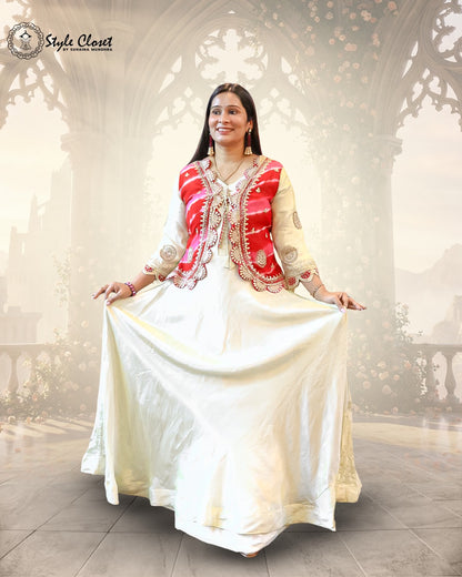 Ivory Anarkali Gown With Red Gota-Work Jacket Set