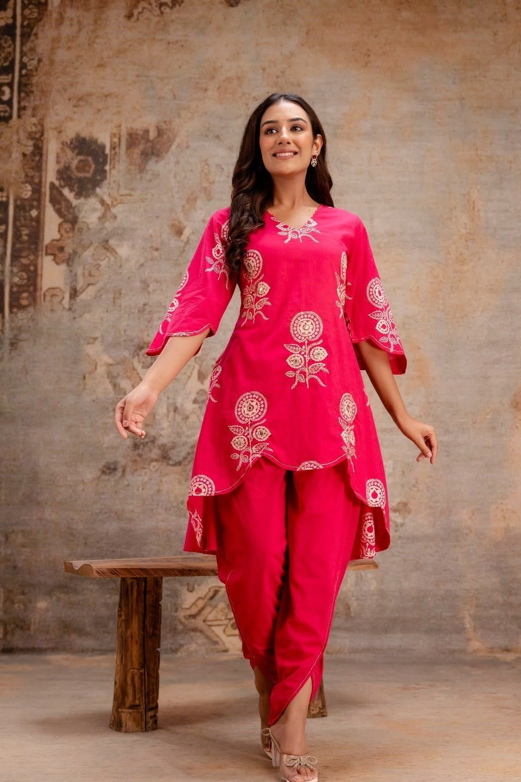 Pink Bloom Embroidered Co-ord Set with Tulip Pants