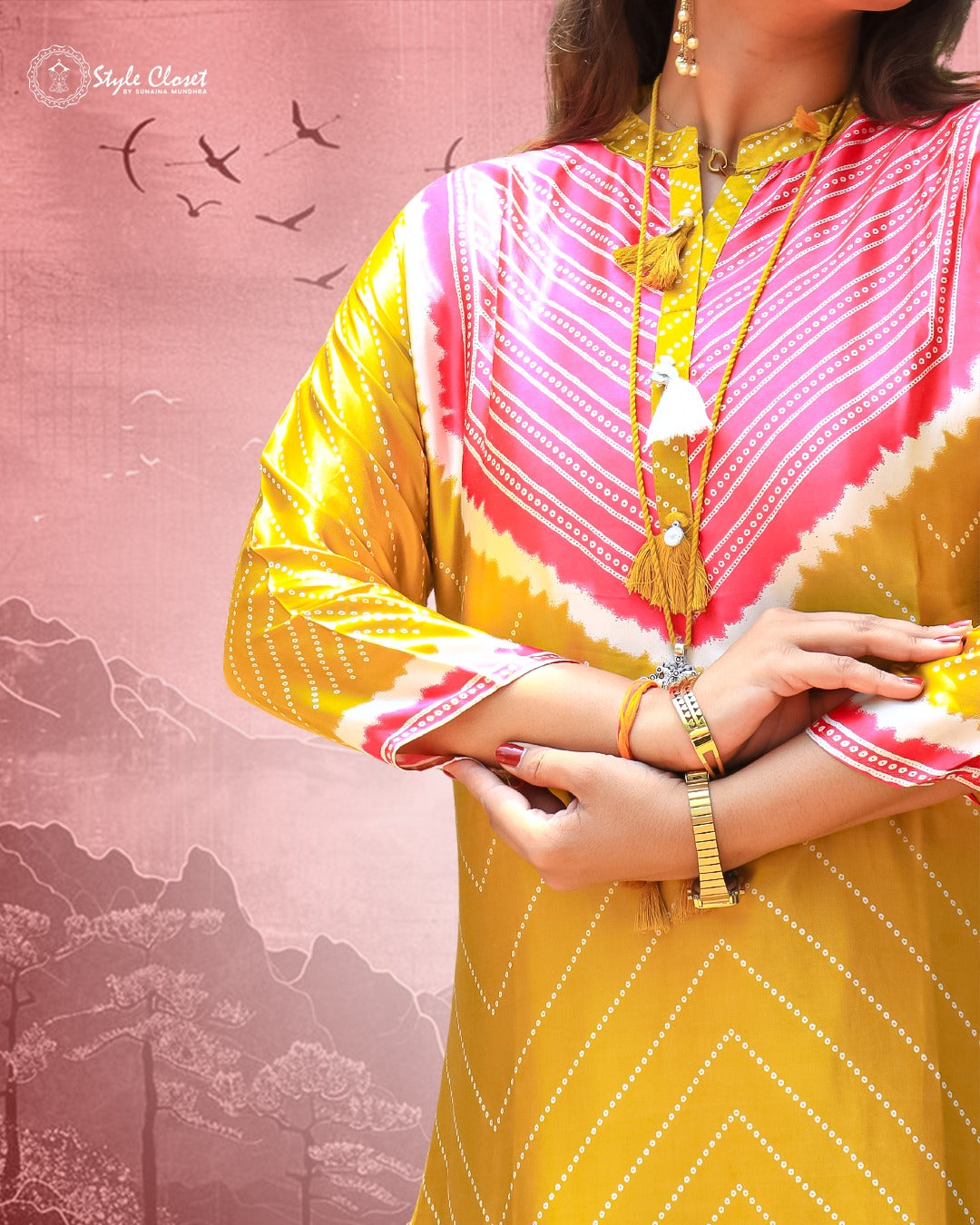 Mustard Silk Bandhani Print Asymmetric Co-ord Set
