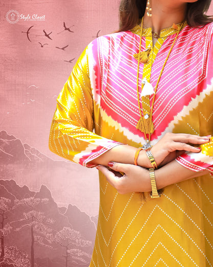 Mustard Silk Bandhani Print Asymmetric Co-ord Set