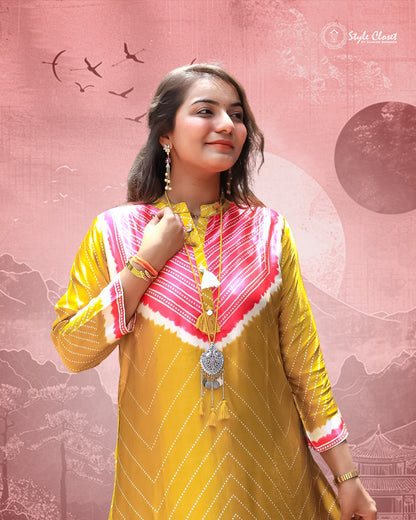 Mustard Silk Bandhani Print Asymmetric Co-ord Set