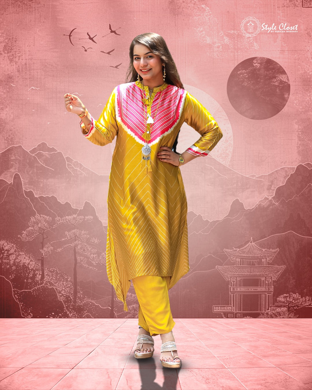 Mustard Silk Bandhani Print Asymmetric Co-ord Set