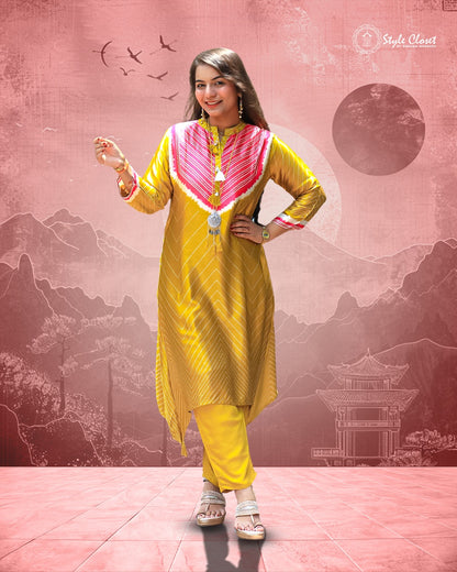 Mustard Silk Bandhani Print Asymmetric Co-ord Set
