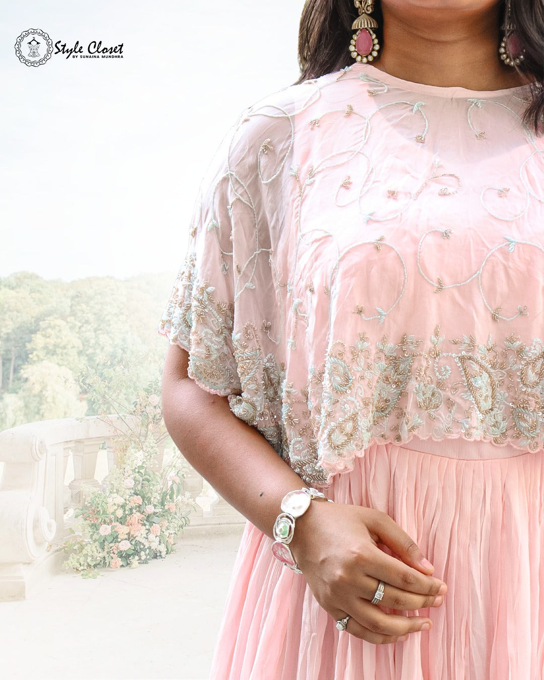 Flora Blush Georgette Gown with Embroidered Organza Cape