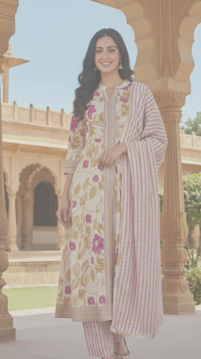 Printed Off-White Cotton Anarkali Set