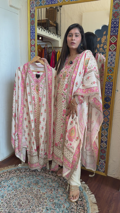 Hand-Embellished Muslin Kurta with Matching Dupatta and Trousers
