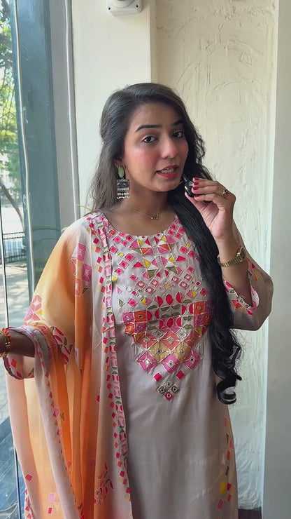 Prism Petals Grey Silk Suit Set